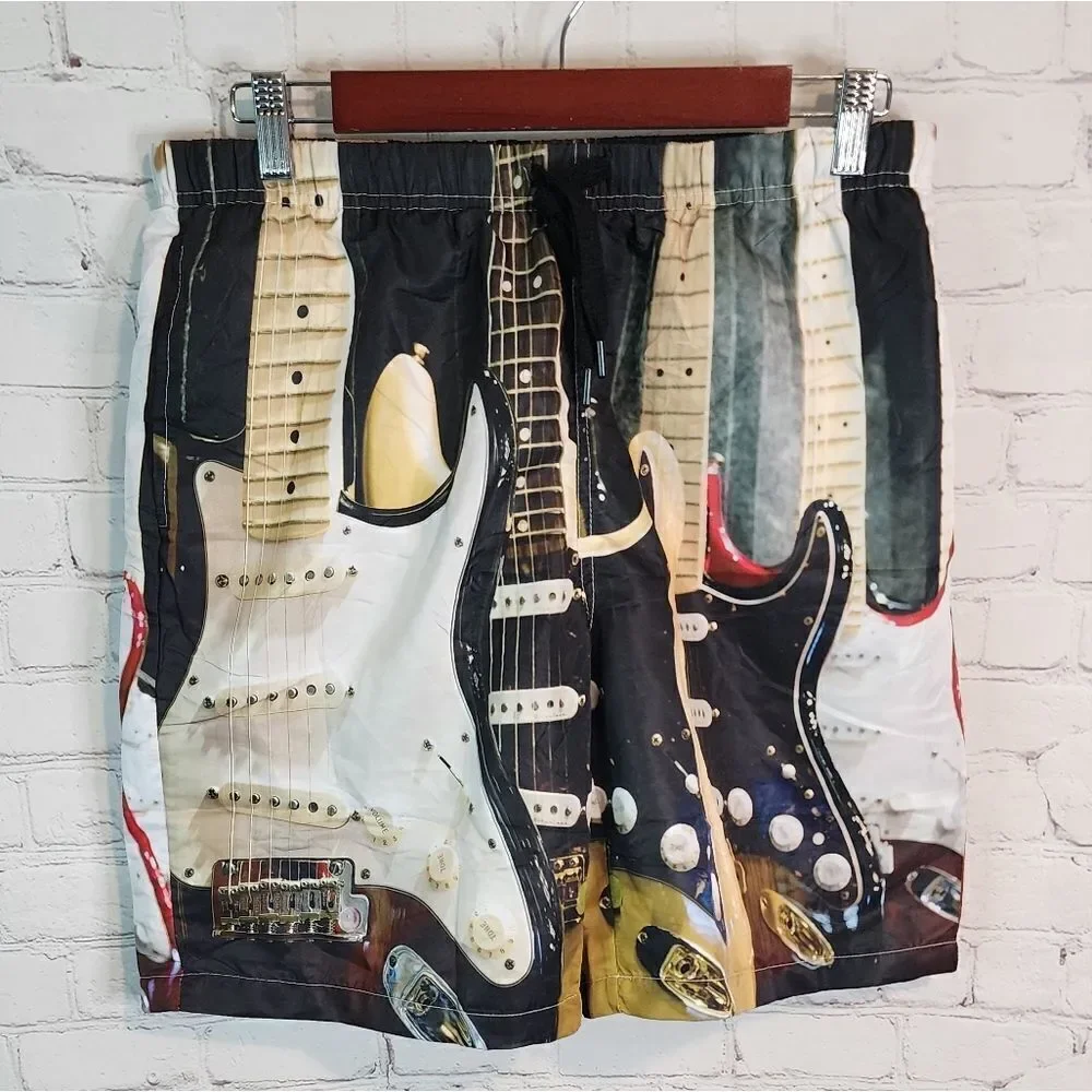 Men's Rock 'n Roll guitar swim trunks, size small.